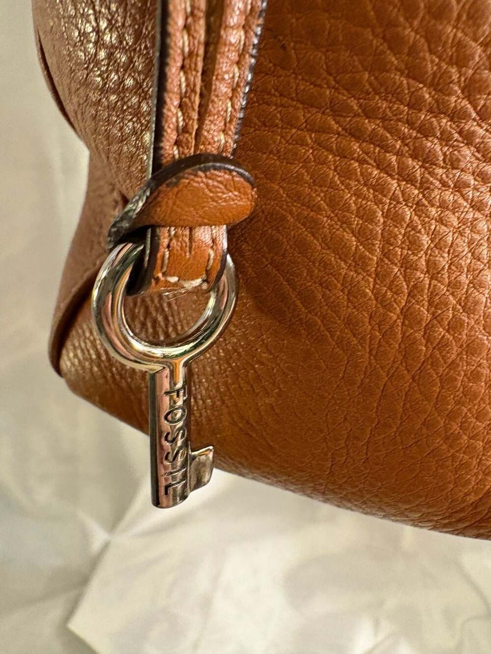 Fossil Brown Pebbled Leather Shoulder Bag Satchel with Side Pockets - Picture 4 of 10